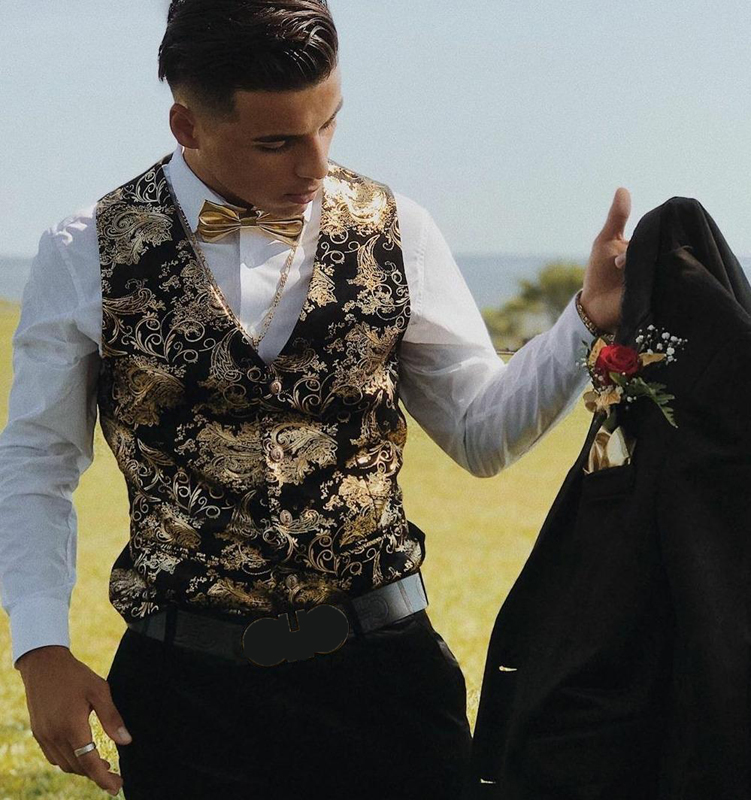 Luxury Royal Blue Paisley Bronzing Vest Men Slim Fit V Neck Wedding Suit Vests Mens Gothic Aristocrat Steampunk Victorian Gilet