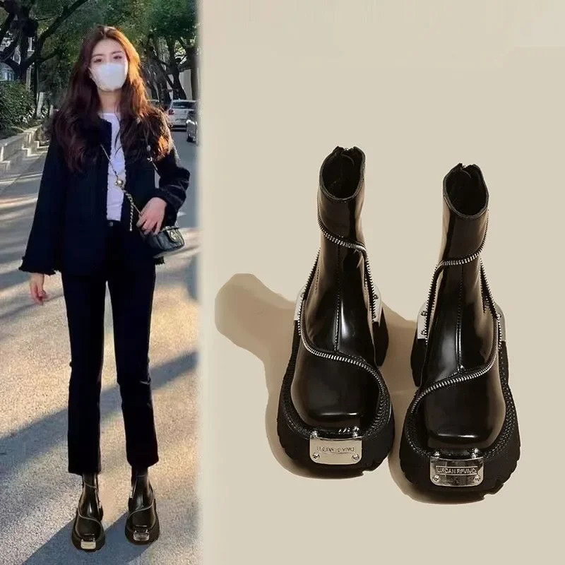 SLTNX Autumn and Winter Thick Soled Martin Boots British Style Square Head Plus Velvet Chelsea Boots Retro Metal Ankle Boots 240629