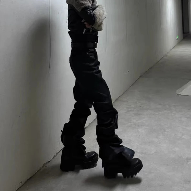 Y2k Streetwear Wax Leather Strecth Jeans for Men and Women Ropa Hombre Baggy Flare Pants Oversized Straight Denim Trousers 240626