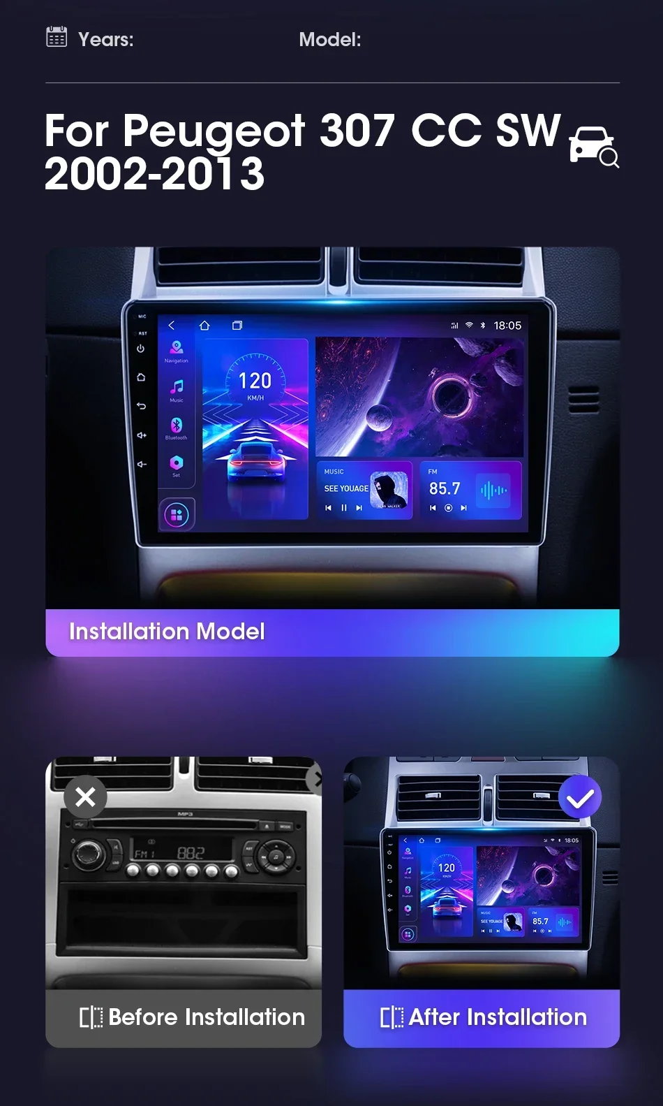 JMCQ 9" Android 12 For Peugeot 307 307CC 307SW 2002 2003 - 2012 2013 Car Radio 2Din Multimedia Player Head Unit Navi GPS Carplay