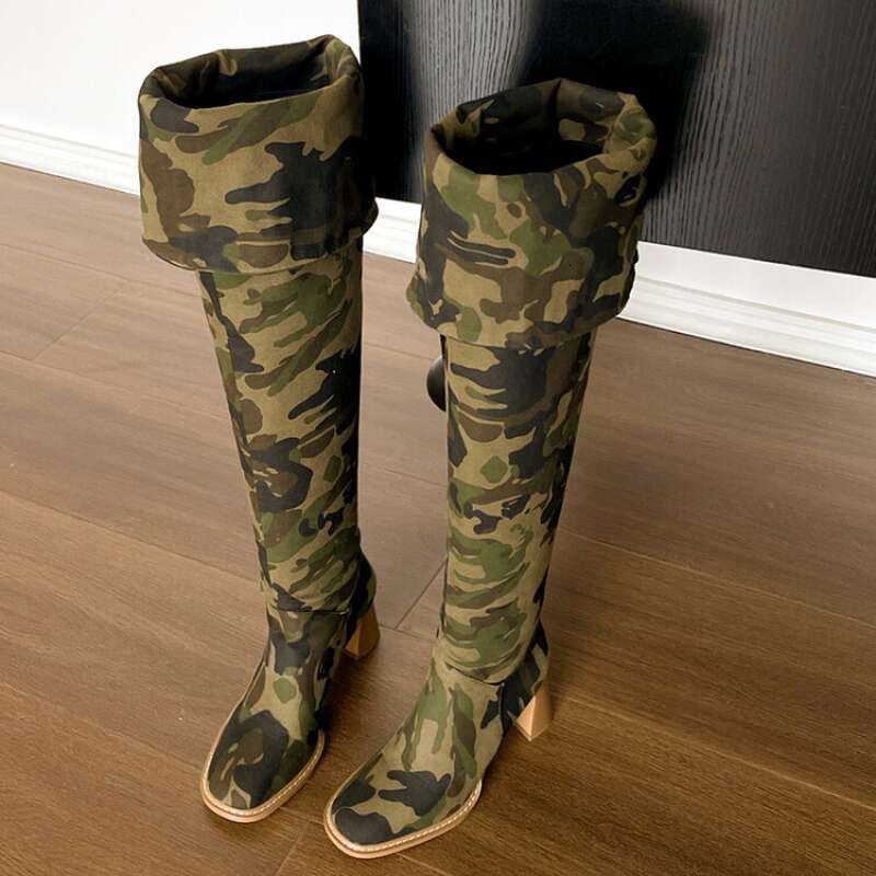 New Camouflage Super Long 34-42 Sewing 7Cm Thick Heel Folding Over-The-Knee Denim Blue Knee-High Women's Boots