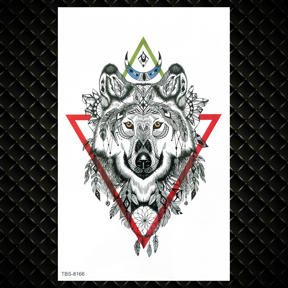 Dreamcatcher Henna Wolf Temporary Tattoos For Men Women Triangle Watercolor Coyote Tattoo Body Art Arm Chest Sketch Fake Tattoos