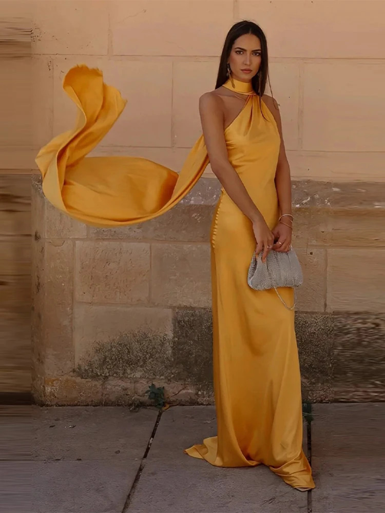 Sexy Backless Yellow Satin Lace Up Dresse Elegant Off Shoulder Strapless Long Dress Summer 2024 Ladies Party Club Vestido 240627