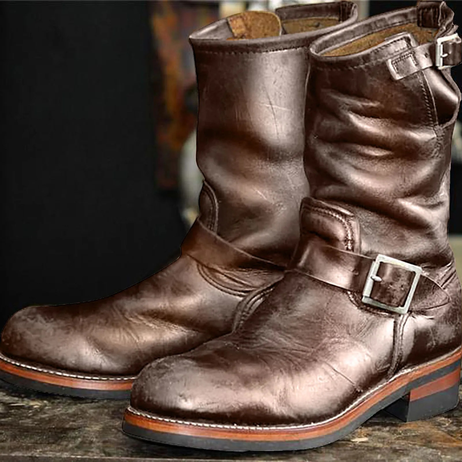 Men Boots Cow Rider Boots Belt Buckle Square Heel Mid Calf Winter PU Western Motorcycle Boots Work Safety Shoes 240629