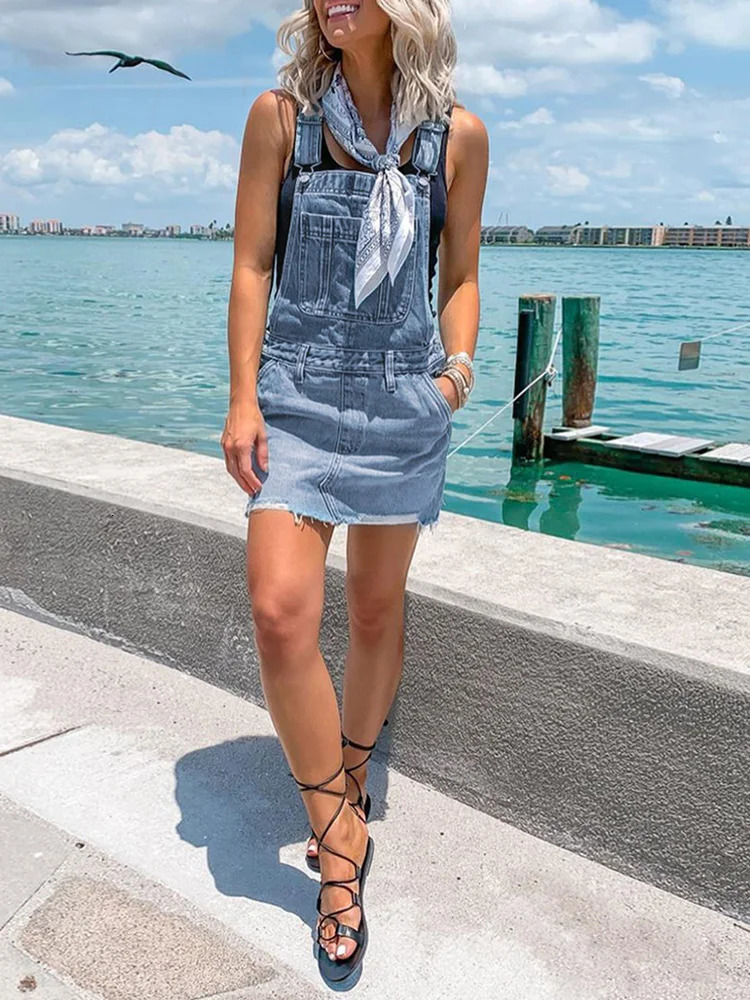 Womens Frayed Hem Adjustable Strap Denim Overall Dress Classic Casual Mini Jean Dresses Pocket Sleeveless Suspender Short Skirt 240629