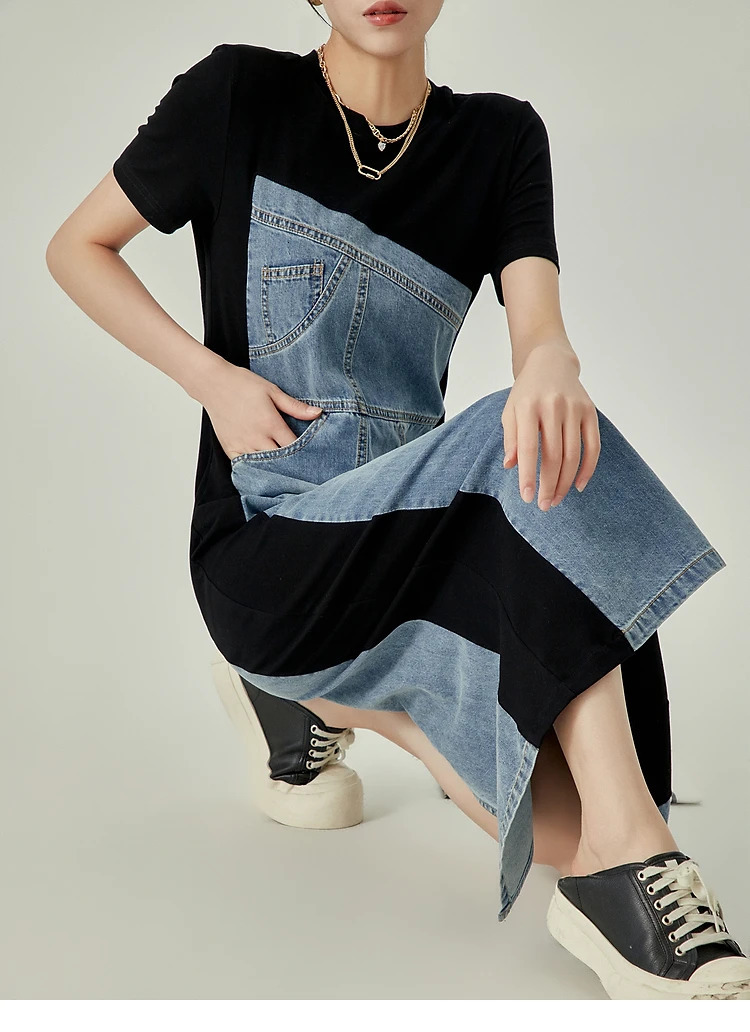 Summer Vintage Short Sleeve O-neck Patchwork Denim Mid Long Dresses Womens Causal Y2K High Waist High Street A-Line Dress 240629