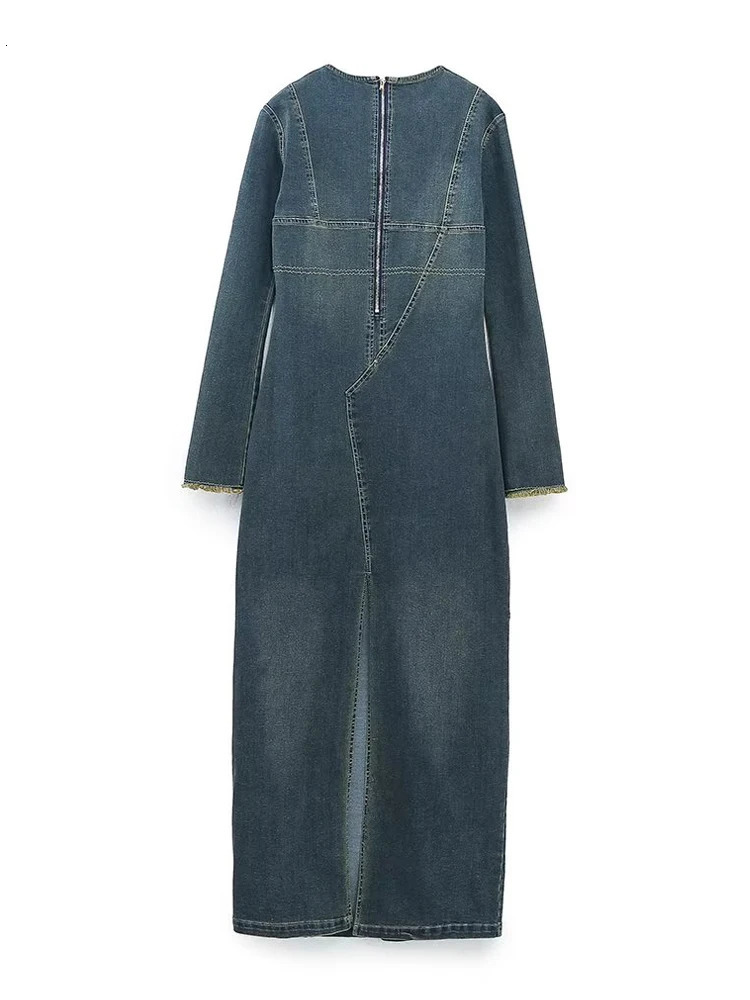 TRAF Blue Denim Dress Woman Winter Long Dresses for Women Going Out Casual Maxi Dress Women Long Sleeve Slit Female Dress 240629