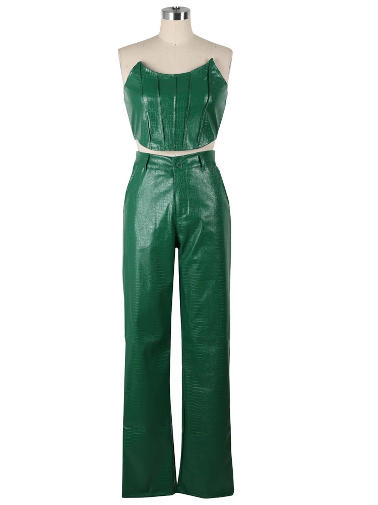 Beyprern Womens Green Corset Cut-Out Cargo Metallic Jumpsuits PU Leather Matching Set Sexy Clubwear 2 Piece Outfits 240619