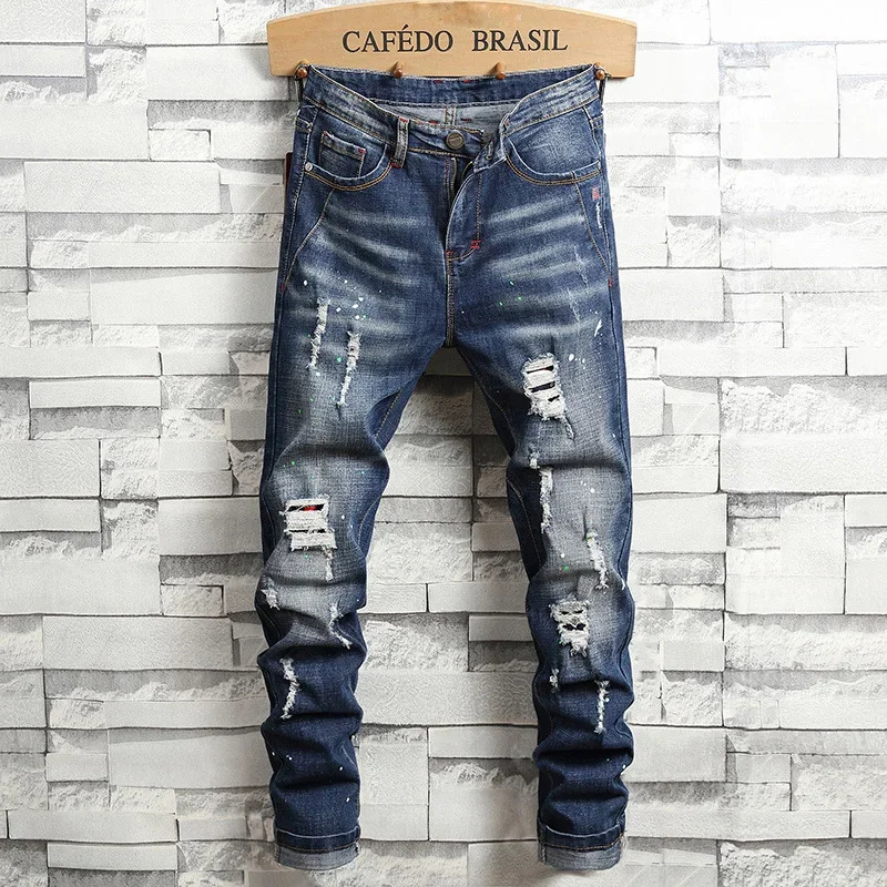 Spring Style Retro Fashion Ripped Slim Jeans for Men High Street Versatile Stretch Straight Leg Denim Trousers Male 240619