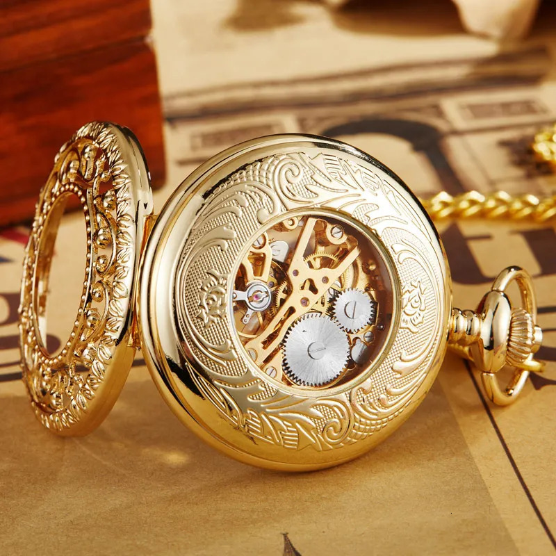 Retro Hollow Mechanical Pocket Watch With FOB Chain Gold Stars Skeleton Steampunk Vintage Mens Womens Hand Winding Pocket Watch 240626