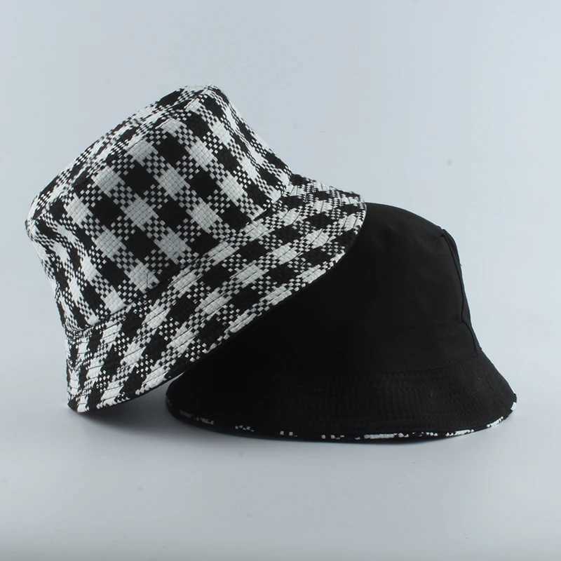 Wide Brim Hats Bucket Hats 2023 New Brand Black White Plaid Check Bucket Hats Fishing Caps Women Mens Reversible Fisherman Hat