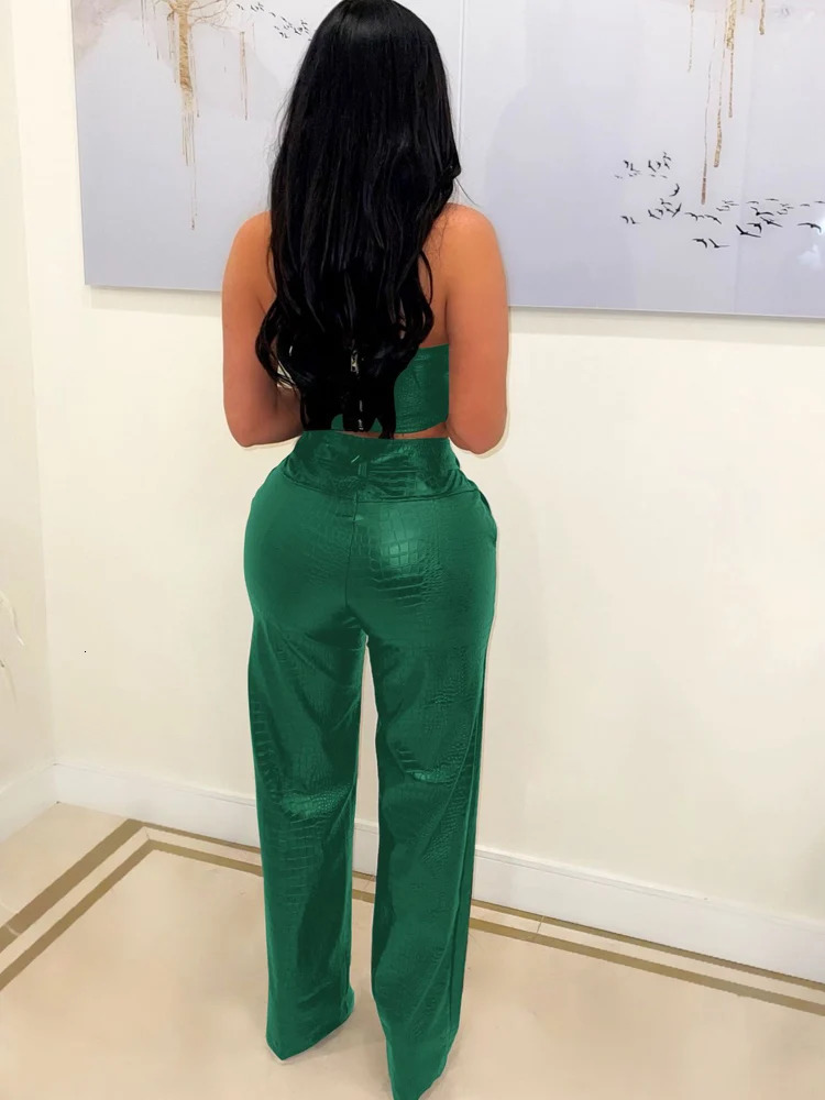 Beyprern Womens Green Corset Cut-Out Cargo Metallic Jumpsuits PU Leather Matching Set Sexy Clubwear 2 Piece Outfits 240619