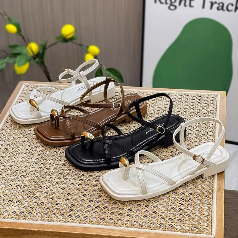 Heeled Sandals Shoes Womens Black Beach Summer Girls Low Comfort Sports Casual Solid 240629