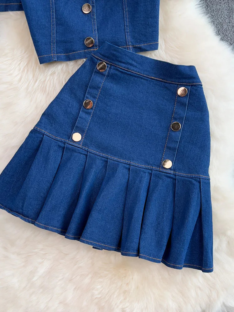 Womens Set Jeans 2 Pieces Suits Woman Matching Sets Buttons Jumpers Mini Skirt Short Sleeve Female Clothes Costumes 240627