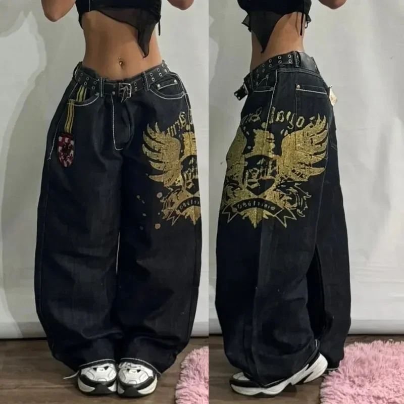 2024 American Retro Skull Wings Embroidered Baggy Jeans Men And Women Y2K Harajuku Hiphop Gothic Wide Trousers Streetwear 240626