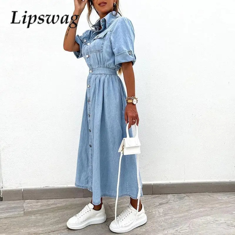 High Street Office Denim Dresses Chic Summer Short Sleeve Women Elastic Waist Long Dress Elegant Lapel Button Jeans Dress 240629