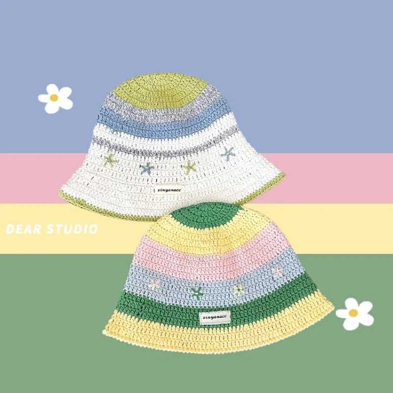 Wide Brim Hats Bucket Hats 2024 New Sweet Cute Flower Crochet Knitted Bucket Hat Women Spring Summer Casual Versatile Face Small Sunshade Basin Hat