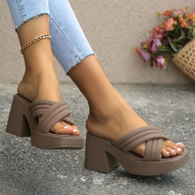 Summer Womens Platform Chunky Heel Slippers Retro Square Toe Slip on Mule Shoes for Women Outdoor Womens High Heel Slippers 240629