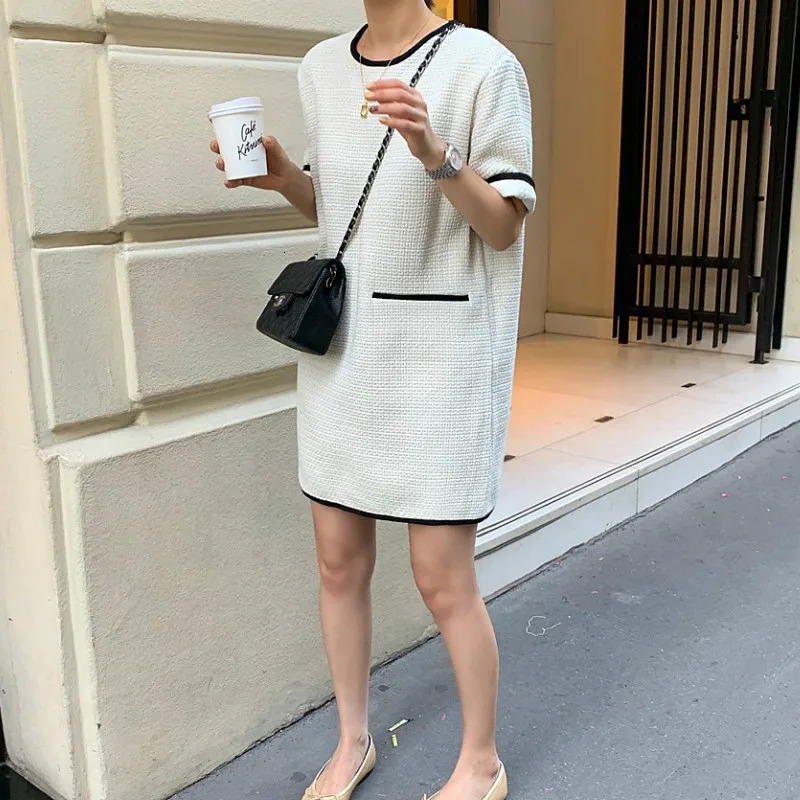 Spring Autumn Office Lady Mini Tweed Dress Women Short O-Neck Half Sleeve Straight Casual Style for Female Dress Vestidos 240625