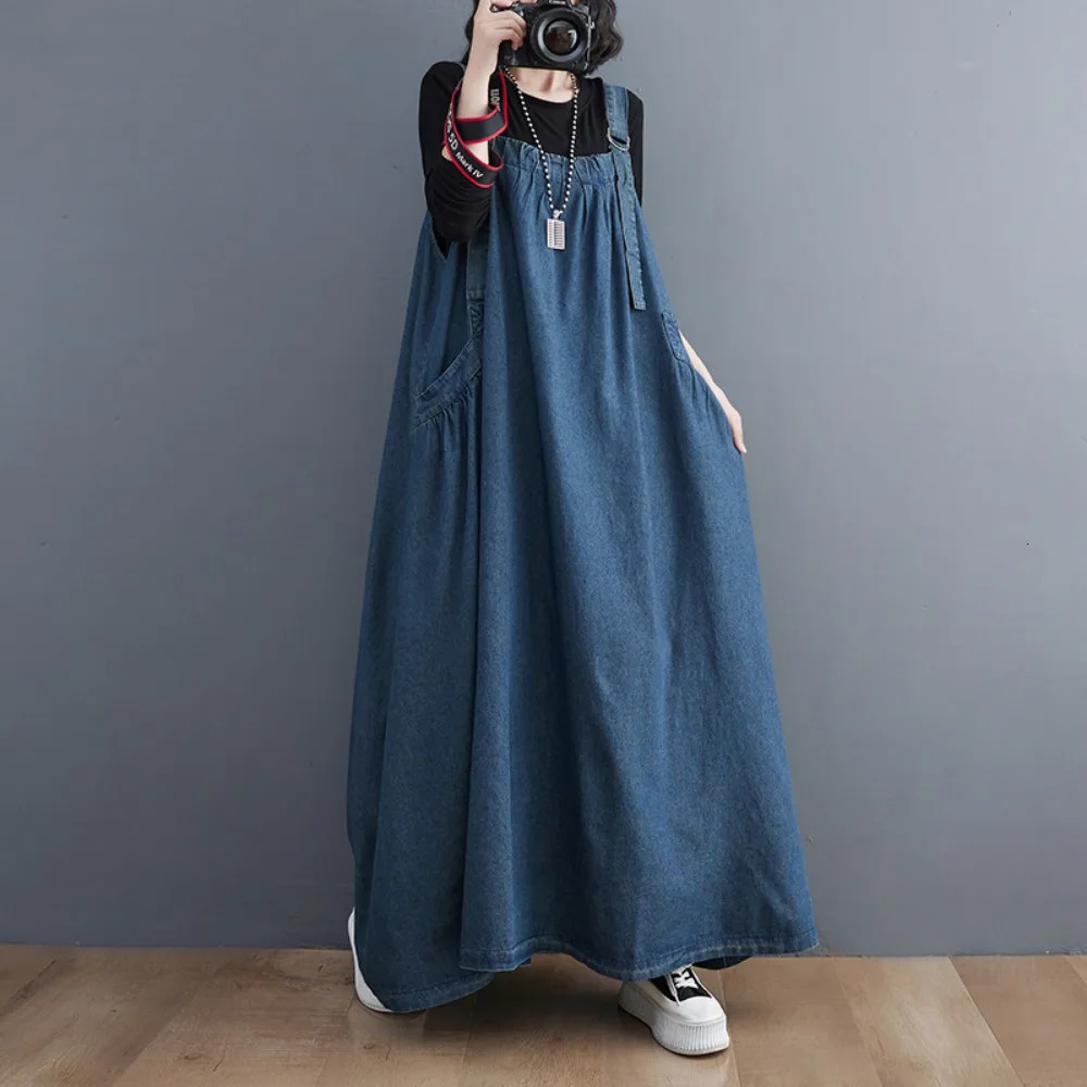 Women Fashion Spring Autumn Long Dress Retro Loose Slimming Denim Suspender Skirt Dresses Long Large Swing Dress y2k 240629