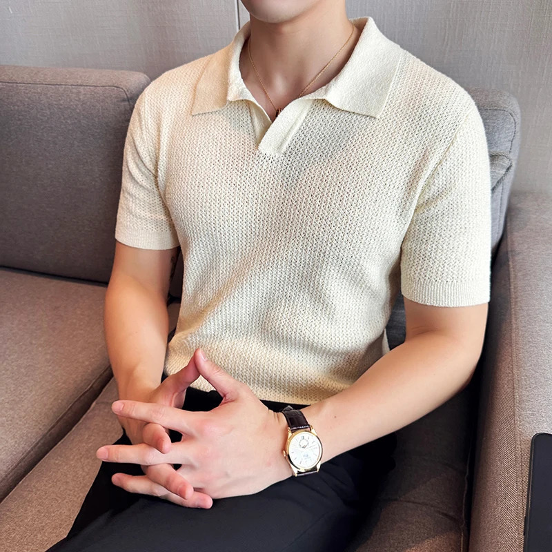 Summer Hollow Knitted Short Sleeved Polo shirt Mens Elasticity Mesh Casual T Shirt Male V Neck Slim Fit Breathable Polo Shirt 240629