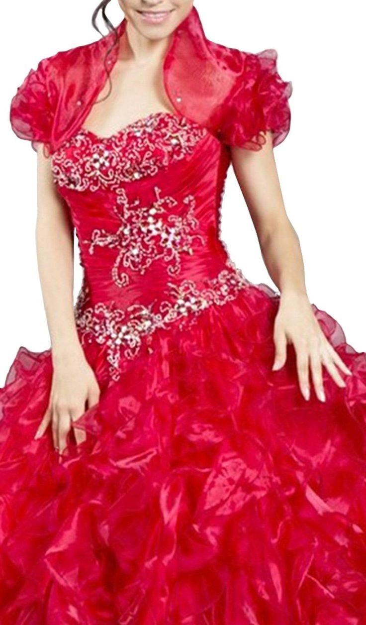 Pluffy Ruffles Red Organza Quinceanera Dresses With Short Jacket Puff Sleeves Embroidery Beaded Floor length Prom Party Gowns Sweet 16 Dress Celebrity