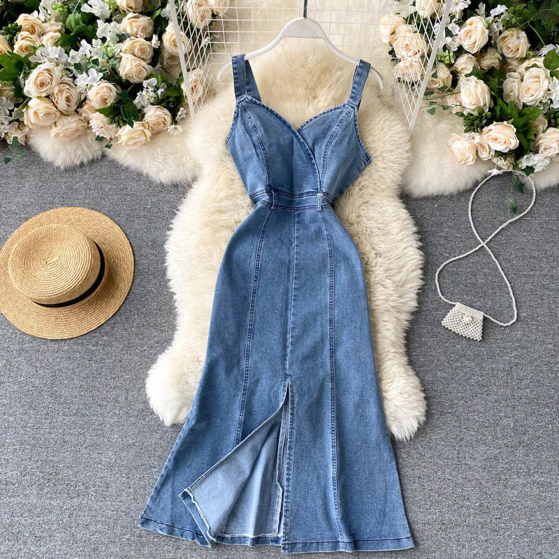 Summer Women Denim Dresses Sleeveless V-Neck Strap Jean Slim Fit Slit Long Dress S-5XL Plus Size Elegant Female Party Frock 240629