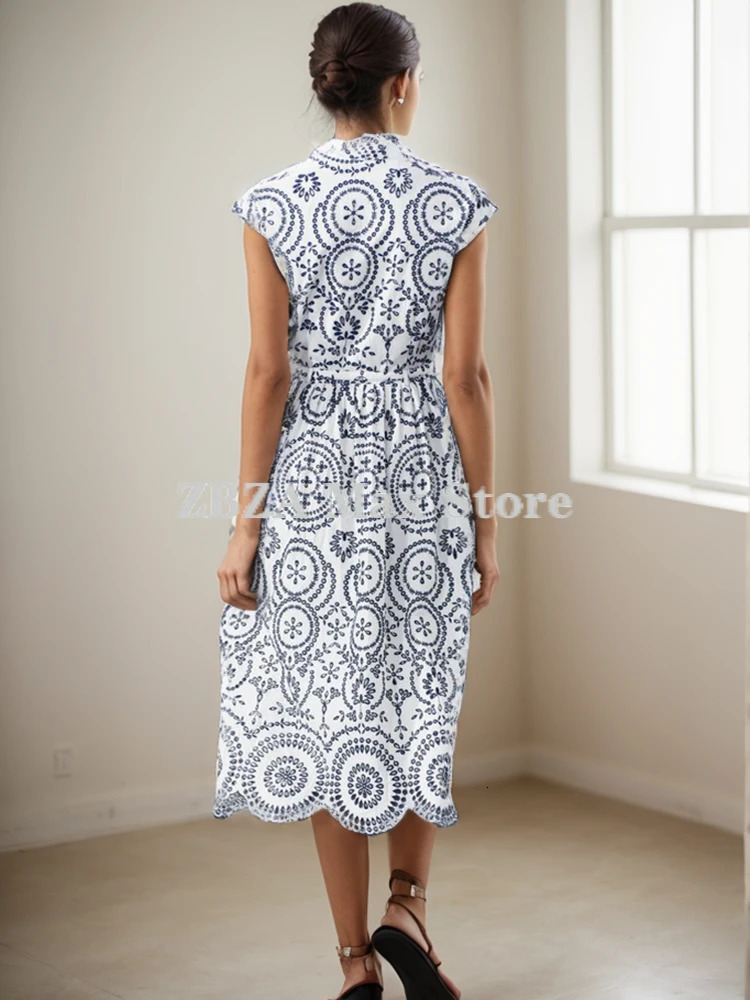 ZBZA Womens Contrast Embroidered Printed Dress Vneck Adjustable Belt Single Breasted Aline Skirt Summer Female Chic 240627