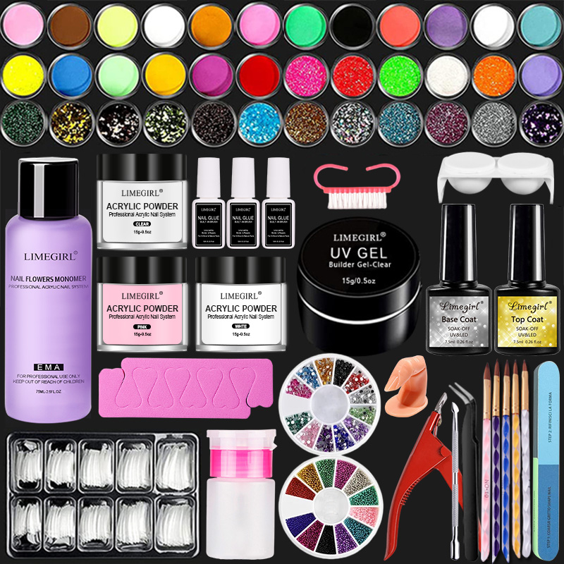 Limegirl Acrylic Nail Kit Full Manicure Set With 3 Colors Acrylic powder Liquid Glitter Nail Tips For Nails Art Tools Nail Set
