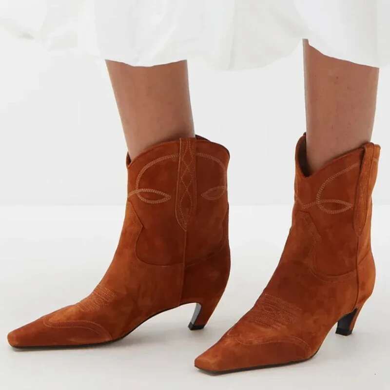 New Black Autumn Winter Square Toe Low Heel Ankle Women Fashion Embroidered Brown Suede Short Boots Size 34-43 Woman Shoes
