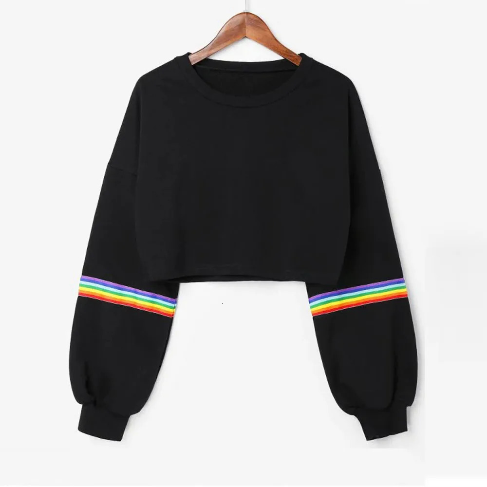 Rainbow Striped Patchwork Hoodie Fashion Girls Autumn Long Sleeve O Neck Crop Top Sweatshirts Hip Hop Pullover Blouse In Stock 240627