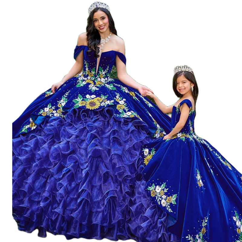 Sunflowers Embroidery Ball Gown Quinceanera Dresses Ruffles Tiered Organza Skirt Off Shoulder Royal Blue Prom Party Gowns Vestido De 15 Anos