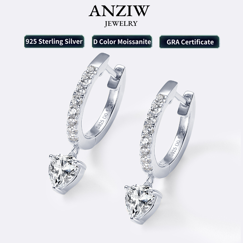 100% 925 Sterling Silver 0.5ct Heart Shaped Moissanite Dangle Hoop Earrings for Women Wedding Party Birthday Lovely Gift Jewelry