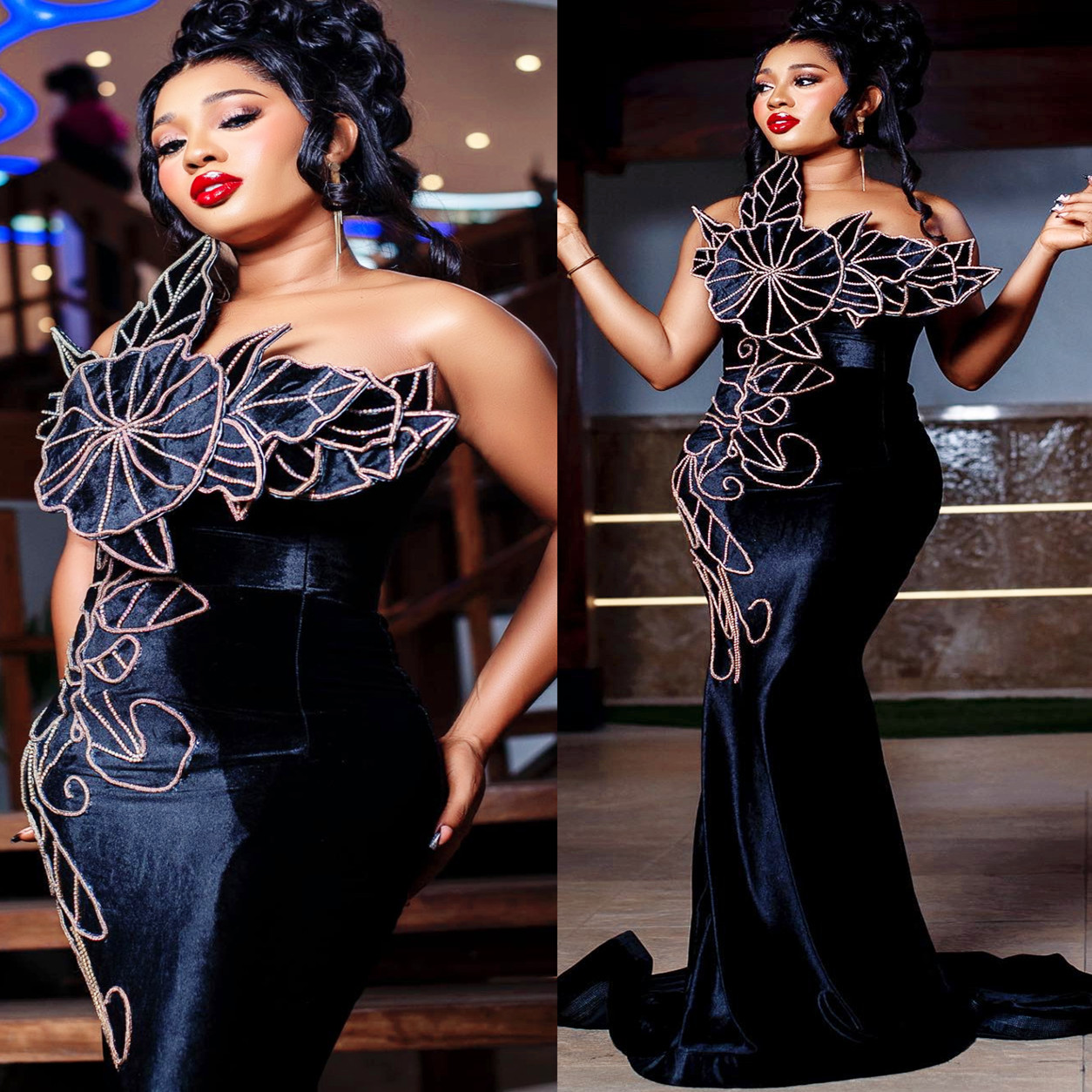 2024 Plus Size Black Mermaid Prom Dresses For Special Occasion Florals Velvet Evening Formal Party Second Reception Birthday Engagement Gowns Dress ZJ