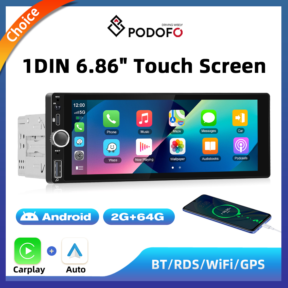 Podofo 6.86" Android Car Radio HD Mirror Touch Screen Carplay Multimedia Stereo MirrorLink BT USB FM Player MP5 GPS Navigation
