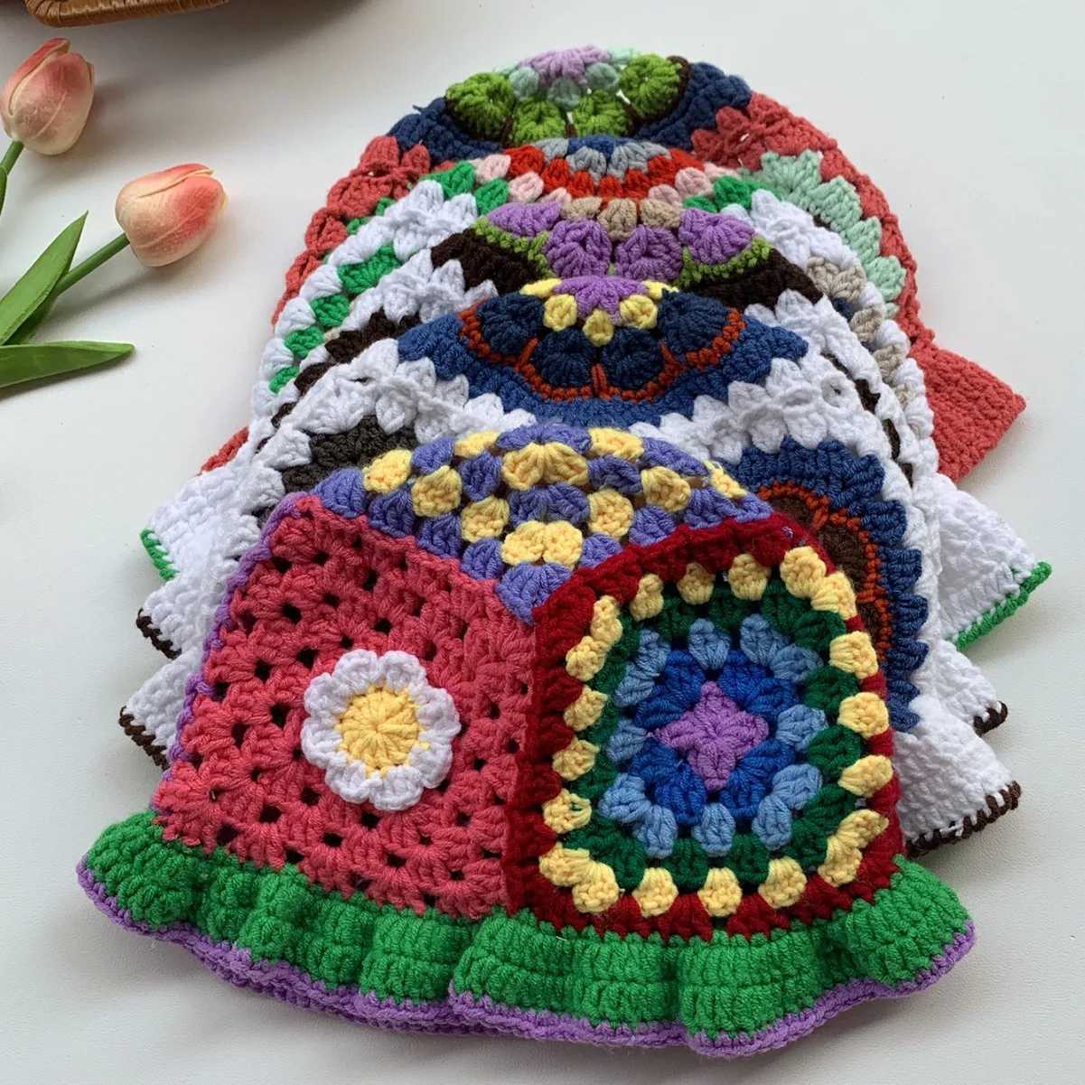 Wide Brim Hats Bucket Hats Japanese Retro Hollow Flower Handmade Knitted Basin Hat Female Sweet Face Small Versatile Crochet Wool Bucket Hat