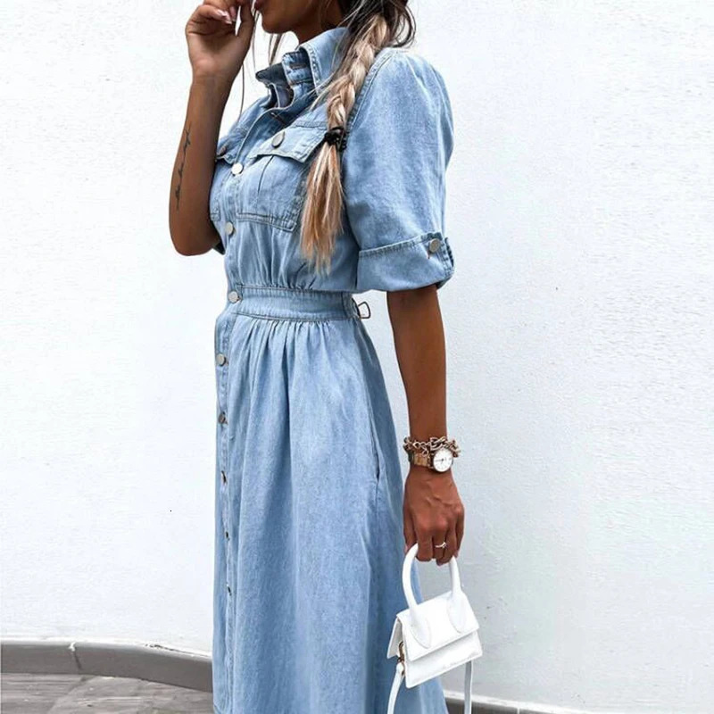 High Street Office Denim Dresses Chic Summer Short Sleeve Women Elastic Waist Long Dress Elegant Lapel Button Jeans Dress 240629