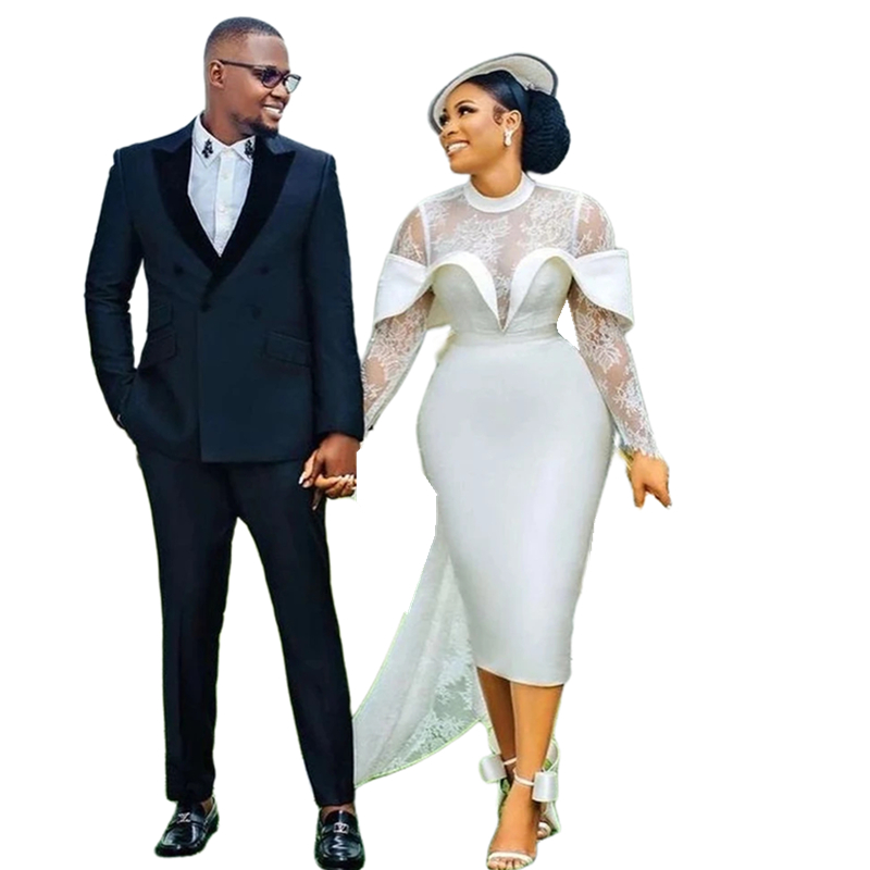 Modern Lace Sheath Wedding Dresses Tea Length Lace Long Sleeves Open Back High Collar Off Shoulder Elegant Wedding Gowns With Detachable Bow Train