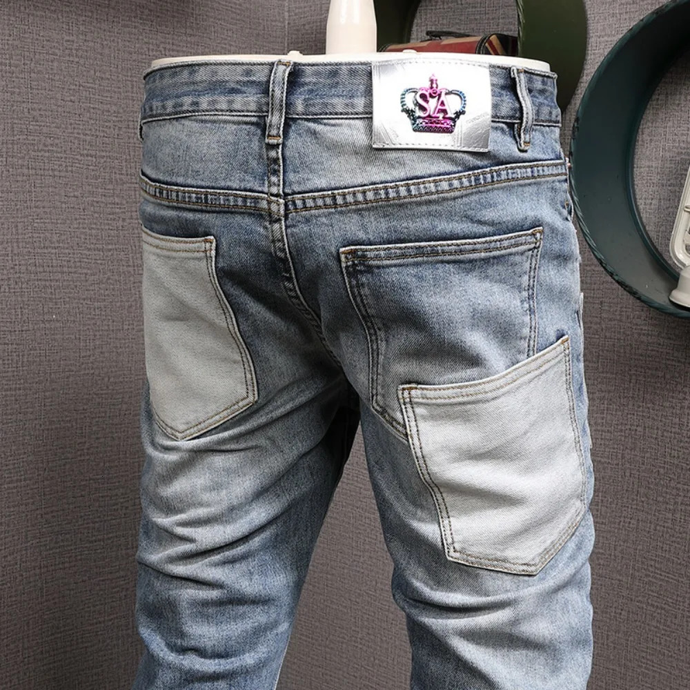 Autumn Winter Mens Retro Spliced Jeans Fashion Personalized Elastic Casual Pants y2k Clothes Men Baggy 240619