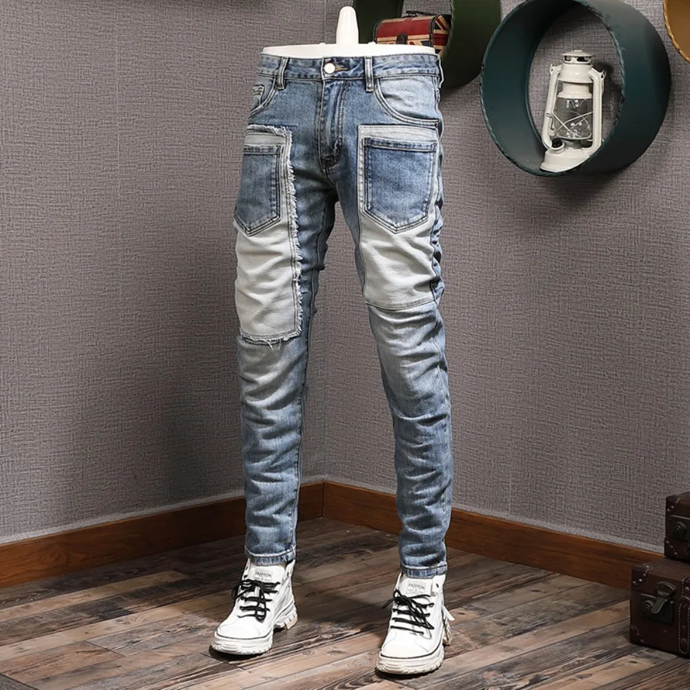 Autumn Winter Mens Retro Spliced Jeans Fashion Personalized Elastic Casual Pants y2k Clothes Men Baggy 240619