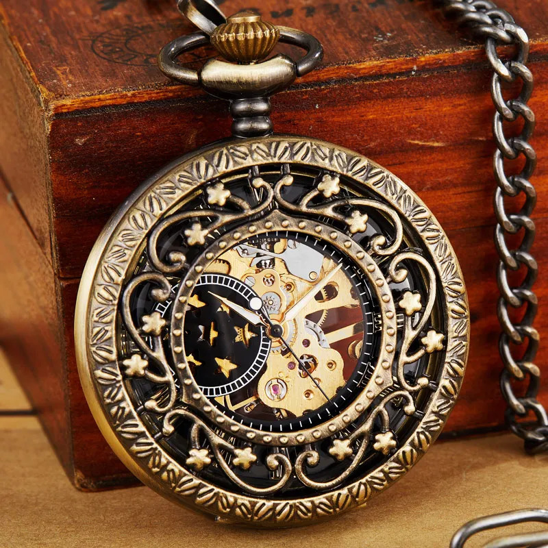 Retro Hollow Mechanical Pocket Watch With FOB Chain Gold Stars Skeleton Steampunk Vintage Mens Womens Hand Winding Pocket Watch 240626