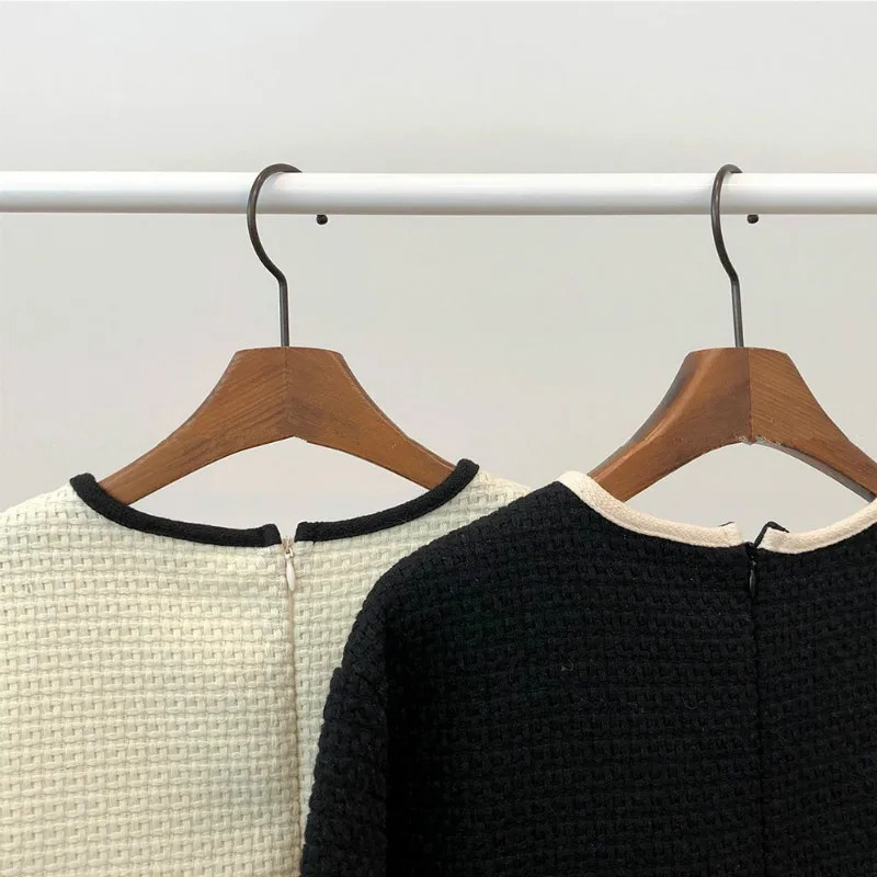 Spring Autumn Office Lady Mini Tweed Dress Women Short O-Neck Half Sleeve Straight Casual Style for Female Dress Vestidos 240625