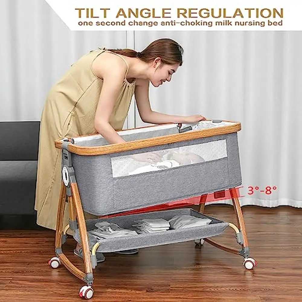 Baby Cribs Bedside Bassinet Baby Sleeper Crib with Wheels Storage Basket Mosquito Nets Aviation Aluminum Alloy Frame Adjustable Height Easy WX