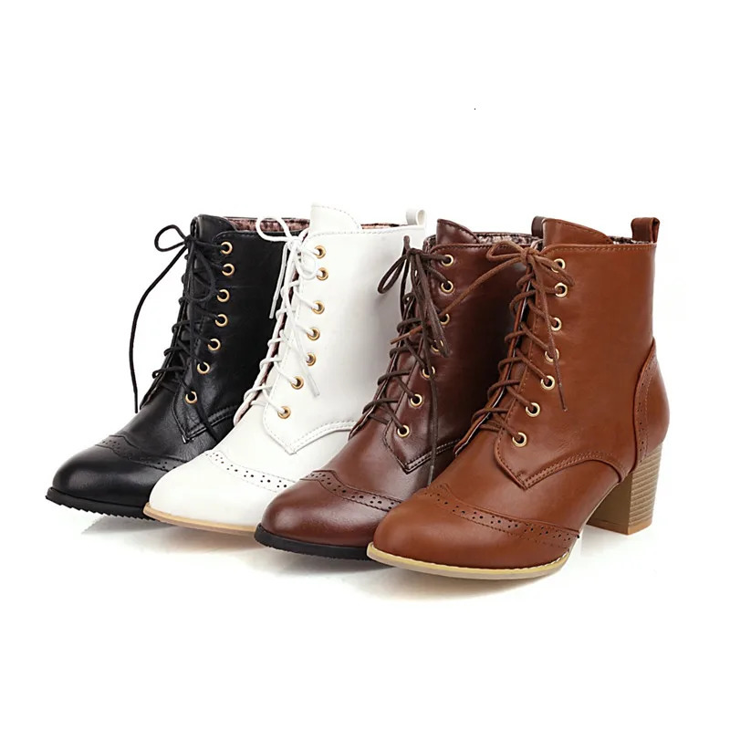 YMECHIC Fashion Brogue Carved Brown Balck White Lace Up High Heel Combat Biker Ankle Boots for Women Booties Woman Shoes 43 240629