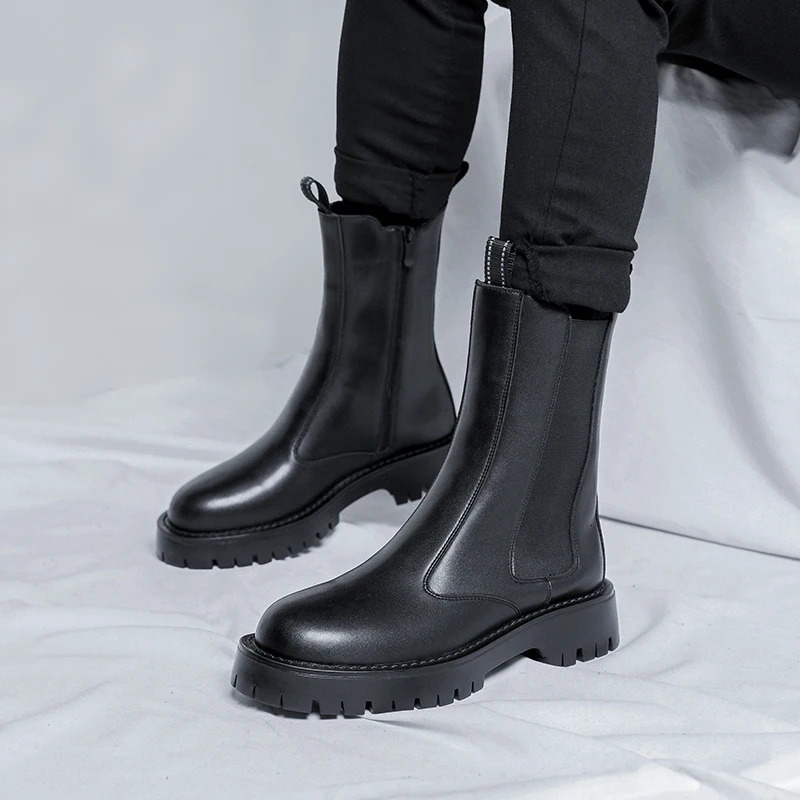 Platform Mens Boots Men Shoes British Style Side Zipper Wear-resistant Casual Boots Classic High-top Black Chelsea Boots 240629