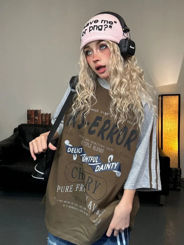 ADAgirl Sport Stripe Oversized T Shirt Women Letter Print Patchwork Raglan Sleeve Tops American Retro Harajuku Clothing Summer 240629