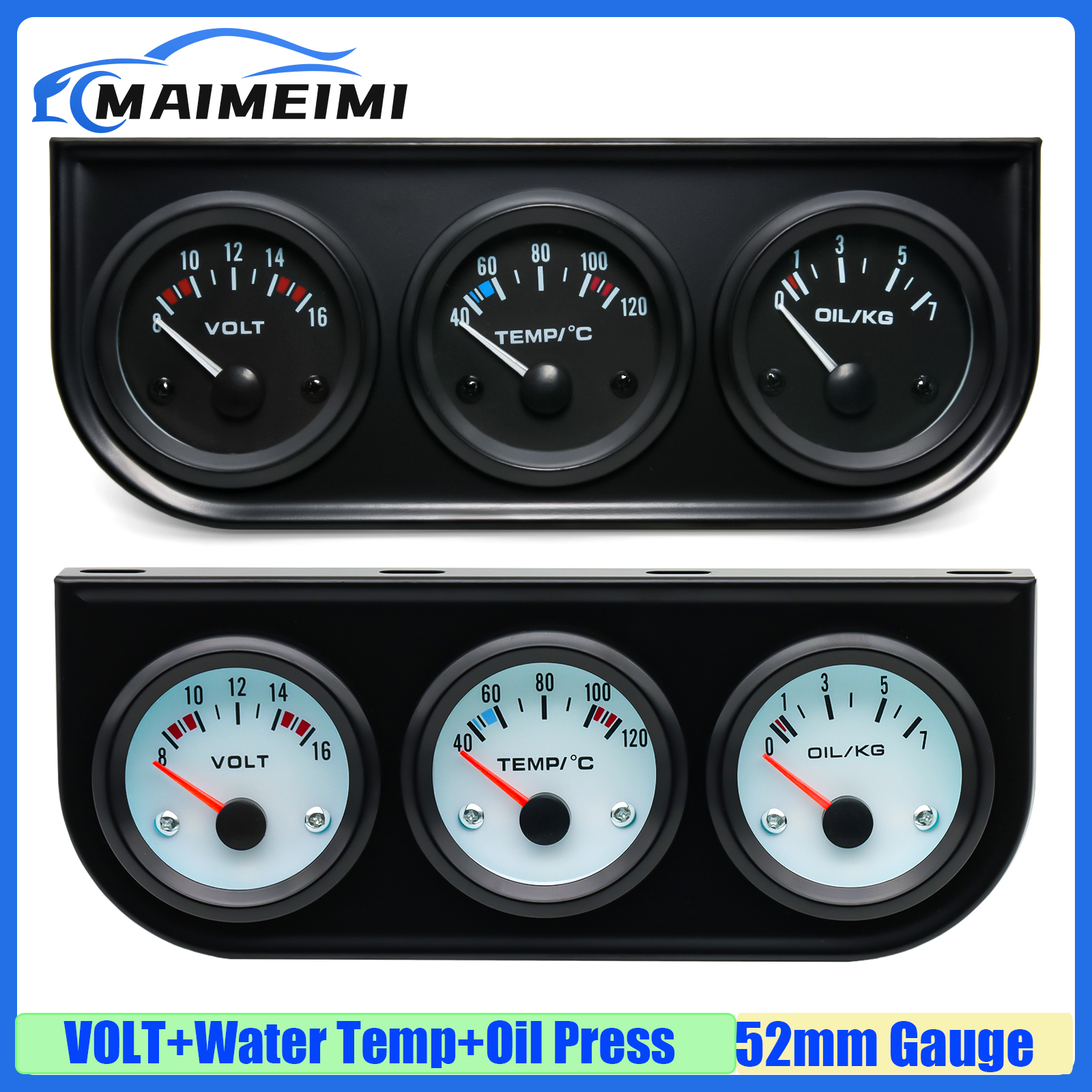 52mm Triple Kit Voltmeter/Oil Temp Gauge + Water Temp Gauge + Oil Pressure Gauge With Sensor 3IN1 Car Meter for Gasoline Car 12V