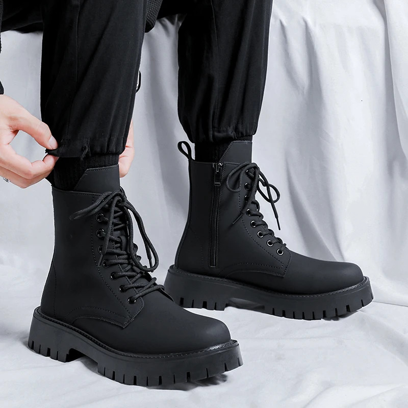 Trend Men Boots Black Sneakers Outdoor Fashion High Top Wholesale Punk Shoes for Men Casual Leather Street Style Ankle Boots Men 240629