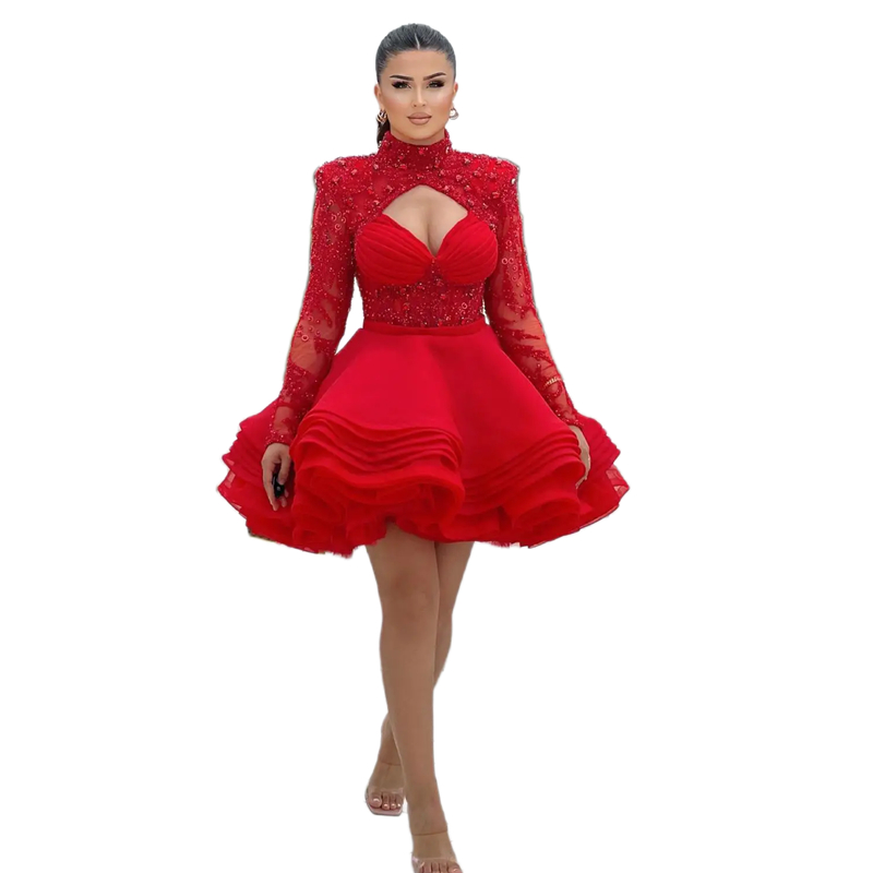 Red Short Tiered Ruffles Prom Dresses High Neck Long Sleeves Crystals Beaded Appliques Pluffy Ball Gown Cocktail Party Dress Evening Special Occasion 