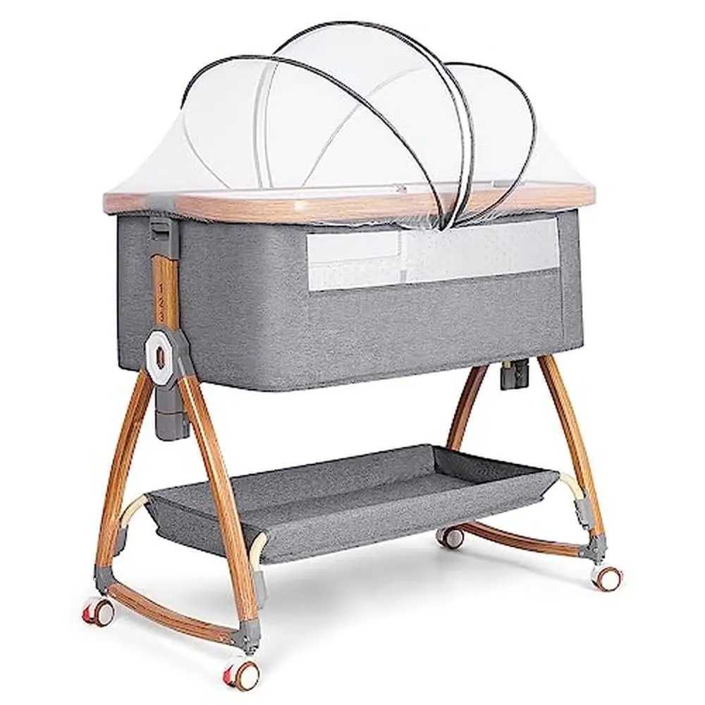 Baby Cribs Bedside Bassinet Baby Sleeper Crib with Wheels Storage Basket Mosquito Nets Aviation Aluminum Alloy Frame Adjustable Height Easy WX